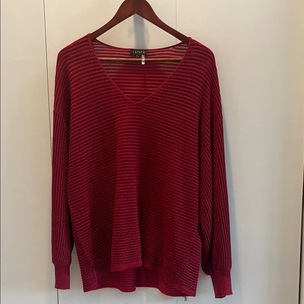 1 state Estate Deep Red V-Neck Women's Sweater with a hint of sparkles
